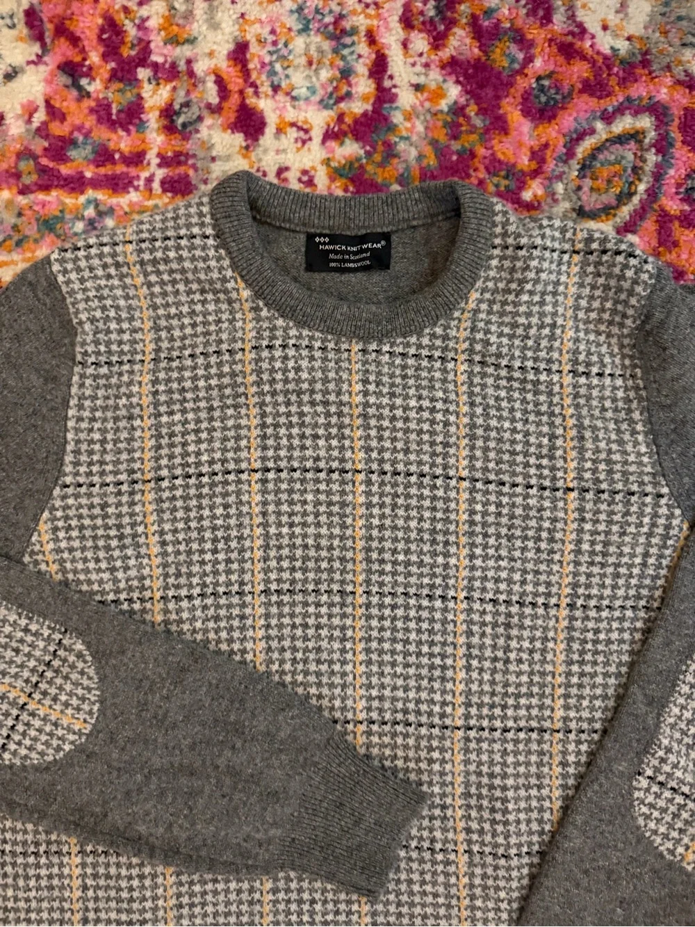 Men's Grey Houndstooth Crewneck Sweater with Elbow Patches